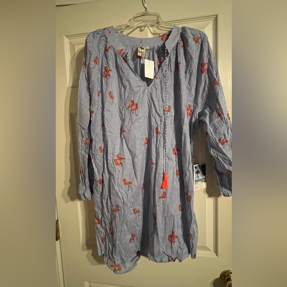 Violet sky, medium dress or beach cover-up, blue and white striped flamingos NWT